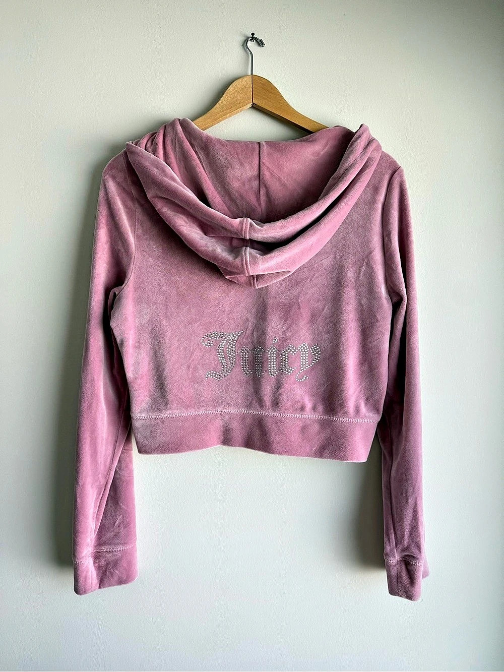 Juicy Couture Pink Velour Cropped Rhinestone Hoodie Size L Y2K